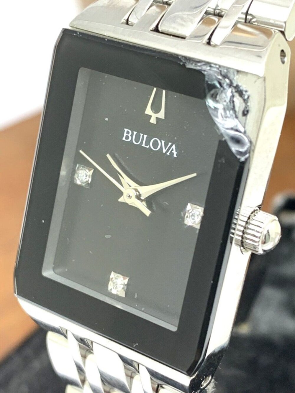 Bulova Women's Watch 96P202 Black Dial Diamond Quadra Silver BROKEN CRYSTAL